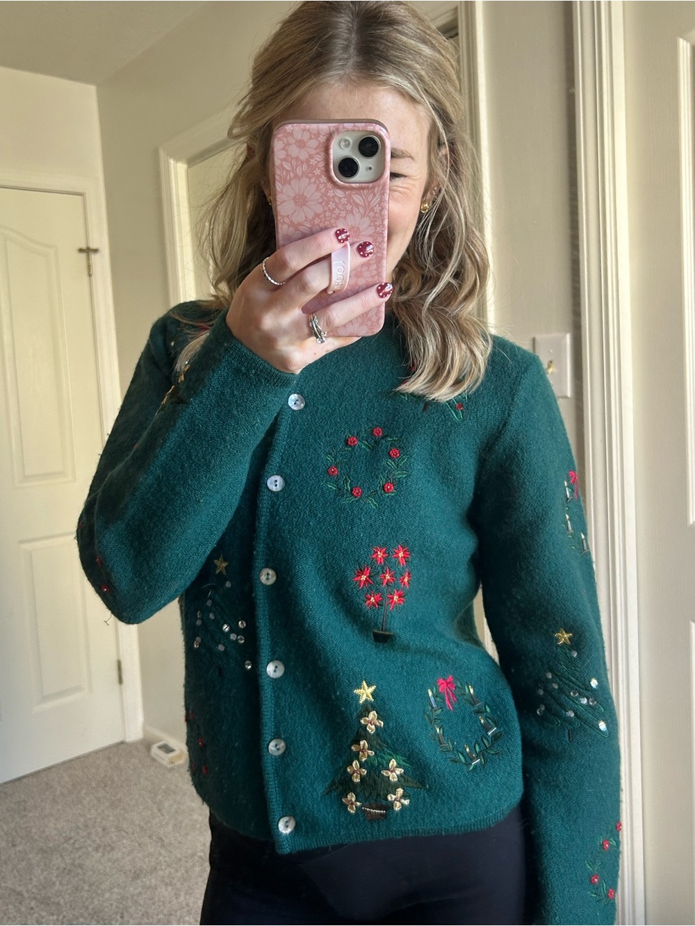 Karen Scott Teal Embroidered Holiday Button-Up Cardigan
